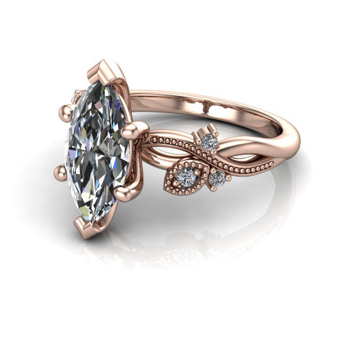 Ashley marquise solitaire engagement ring in 18K Rose Gold, three-quarter perspective showing the marquise center diamond above a milgrain leaf-and-vine band