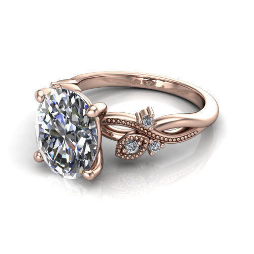 Ashley oval solitaire engagement ring in 14K Rose Gold, three-quarter perspective showing the oval center diamond above a milgrain leaf-and-vine band