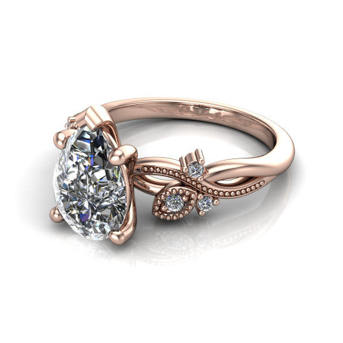 Ashley pear solitaire engagement ring in 14K Rose Gold, three-quarter perspective showing the pear center diamond above a milgrain leaf-and-vine band
