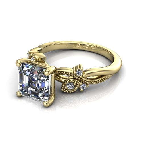 Ashley square emerald-cut solitaire engagement ring in 14K Yellow Gold, three-quarter perspective showing the square emerald-cut center diamond above a milgrain leaf-and-vine band
