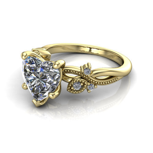 Ashley heart solitaire engagement ring in 14K Yellow Gold, three-quarter perspective showing the heart center diamond above a milgrain leaf-and-vine band