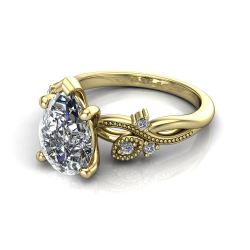 Ashley pear solitaire engagement ring in 18K Yellow Gold, three-quarter perspective showing the pear center diamond above a milgrain leaf-and-vine band