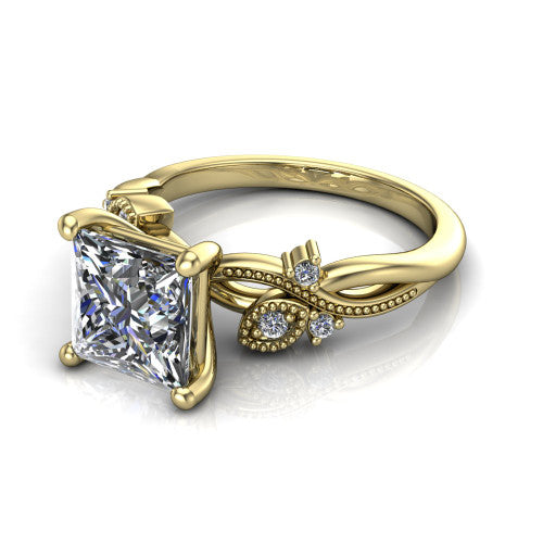 Ashley princess-cut solitaire engagement ring in 14K Yellow Gold, three-quarter perspective showing the princess-cut center diamond above a milgrain leaf-and-vine band