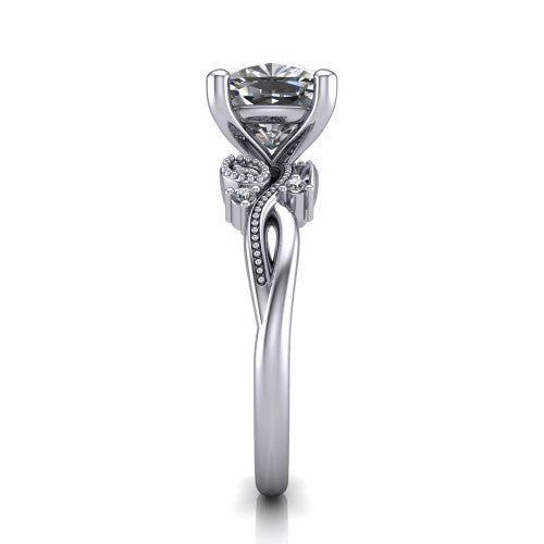 Ashley cushion solitaire engagement ring in Platinum, side profile showing the leaf motif, diamond accents, and twisted band in side view