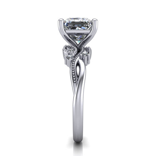 Ashley princess-cut solitaire engagement ring in Platinum, side profile showing the leaf motif, diamond accents, and twisted band in side view