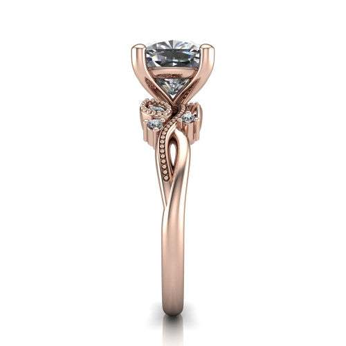 Ashley cushion solitaire engagement ring in 18K Rose Gold, side profile showing the leaf motif, diamond accents, and twisted band in side view