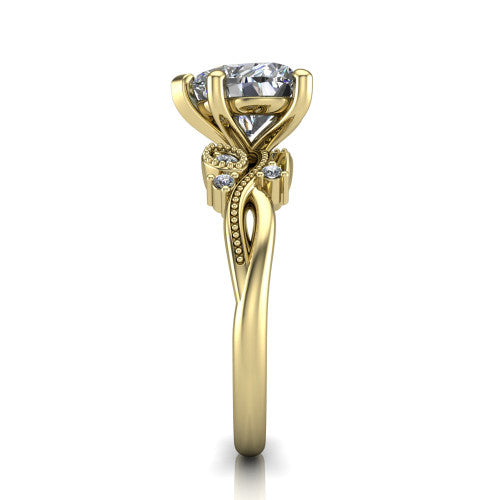 Ashley heart solitaire engagement ring in 14K Yellow Gold, side profile showing the leaf motif, diamond accents, and twisted band in side view