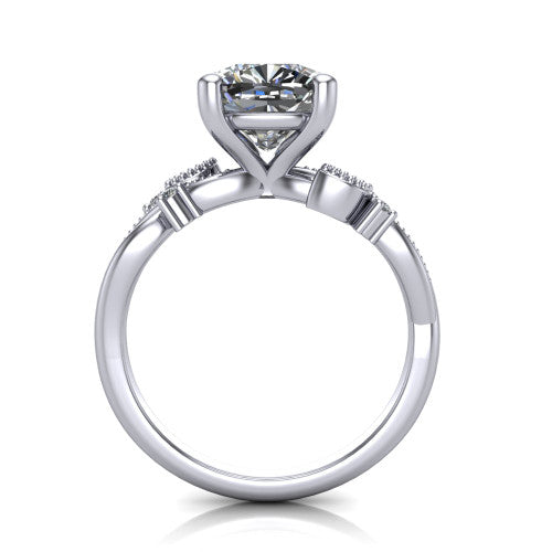 Ashley cushion solitaire engagement ring in Platinum, through-finger front profile showing the infinity shank and open under-gallery from the front