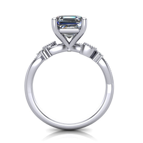 Ashley square emerald-cut solitaire engagement ring in 14K White Gold, through-finger front profile showing the infinity shank and open under-gallery from the front