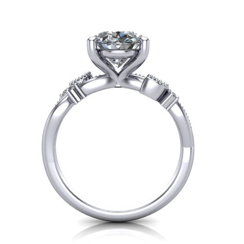 Ashley oval solitaire engagement ring in Platinum, through-finger front profile showing the infinity shank and open under-gallery from the front