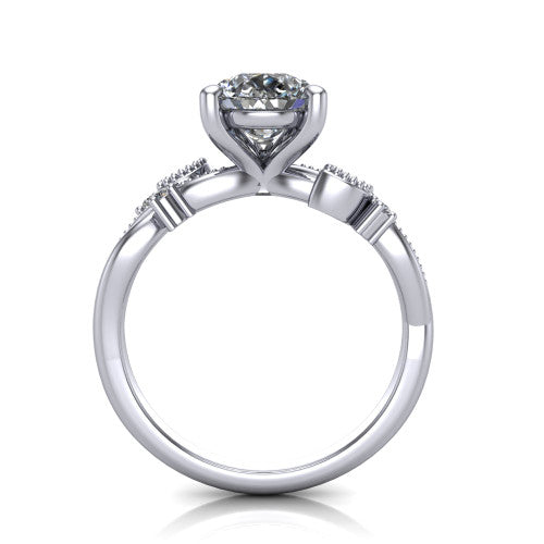 Ashley pear solitaire engagement ring in 18K White Gold, through-finger front profile showing the infinity shank and open under-gallery from the front