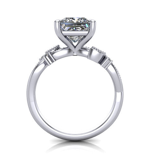 Ashley princess-cut solitaire engagement ring in 18K White Gold, through-finger front profile showing the infinity shank and open under-gallery from the front