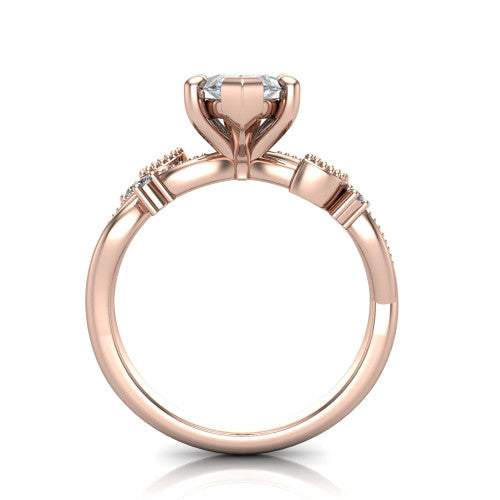 Ashley marquise solitaire engagement ring in 18K Rose Gold, through-finger front profile showing the infinity shank and open under-gallery from the front