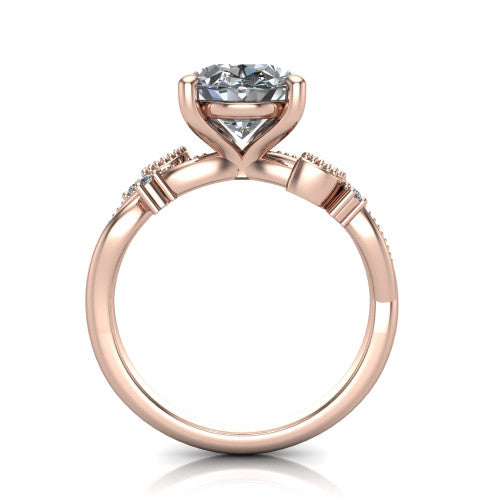 Ashley oval solitaire engagement ring in 14K Rose Gold, through-finger front profile showing the infinity shank and open under-gallery from the front