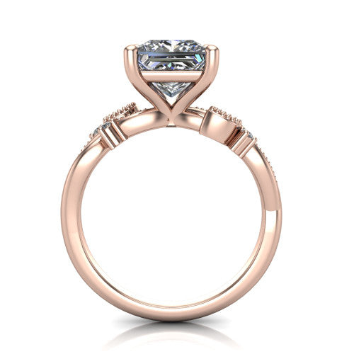 Ashley princess-cut solitaire engagement ring in 18K Rose Gold, through-finger front profile showing the infinity shank and open under-gallery from the front