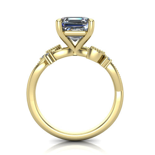 Ashley square emerald-cut solitaire engagement ring in 18K Yellow Gold, through-finger front profile showing the infinity shank and open under-gallery from the front