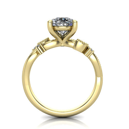 Ashley pear solitaire engagement ring in 18K Yellow Gold, through-finger front profile showing the infinity shank and open under-gallery from the front