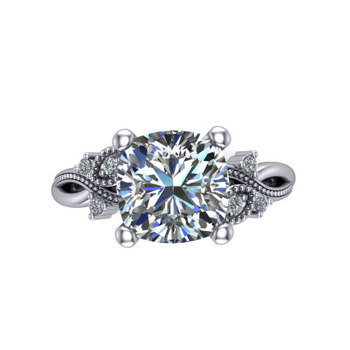 Ashley cushion solitaire engagement ring in Platinum, top-down view showing the cushion center diamond and floral accents from above