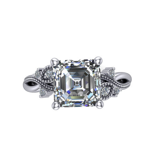 Ashley square emerald-cut solitaire engagement ring in 14K White Gold, top-down view showing the square emerald-cut center diamond and floral accents from above