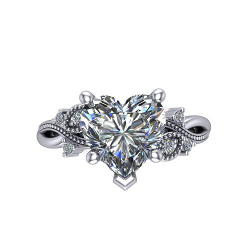 Ashley heart solitaire engagement ring in 14K White Gold, top-down view showing the heart center diamond and floral accents from above