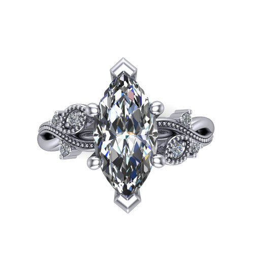Ashley marquise solitaire engagement ring in 18K White Gold, top-down view showing the marquise center diamond and floral accents from above