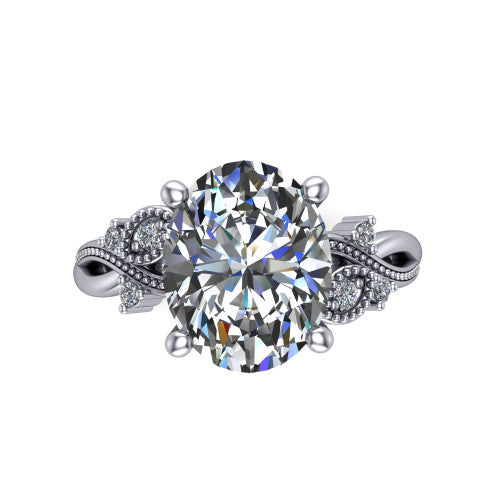 Ashley oval solitaire engagement ring in Platinum, top-down view showing the oval center diamond and floral accents from above