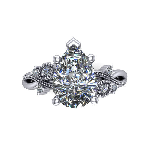 Ashley pear solitaire engagement ring in Platinum, top-down view showing the pear center diamond and floral accents from above