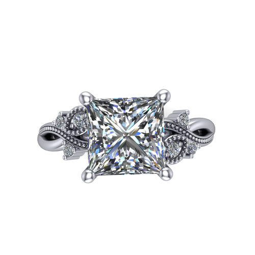 Ashley princess-cut solitaire engagement ring in Platinum, top-down view showing the princess-cut center diamond and floral accents from above