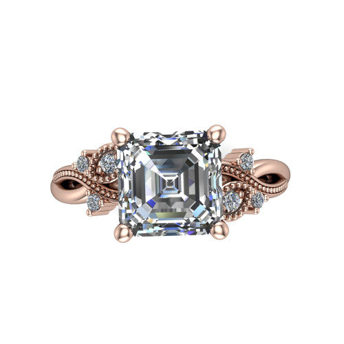 Ashley square emerald-cut solitaire engagement ring in 14K Rose Gold, top-down view showing the square emerald-cut center diamond and floral accents from above