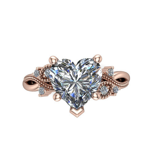 Ashley heart solitaire engagement ring in 18K Rose Gold, top-down view showing the heart center diamond and floral accents from above