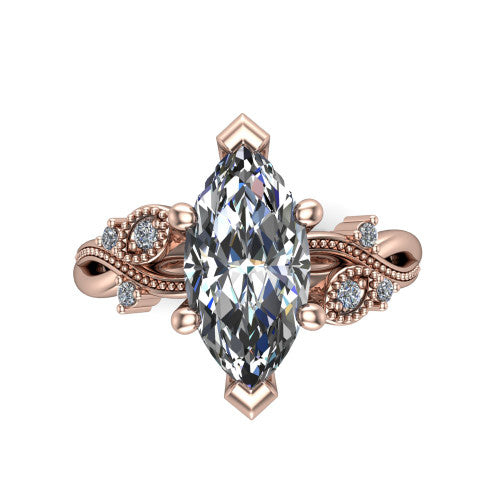 Ashley marquise solitaire engagement ring in 14K Rose Gold, top-down view showing the marquise center diamond and floral accents from above