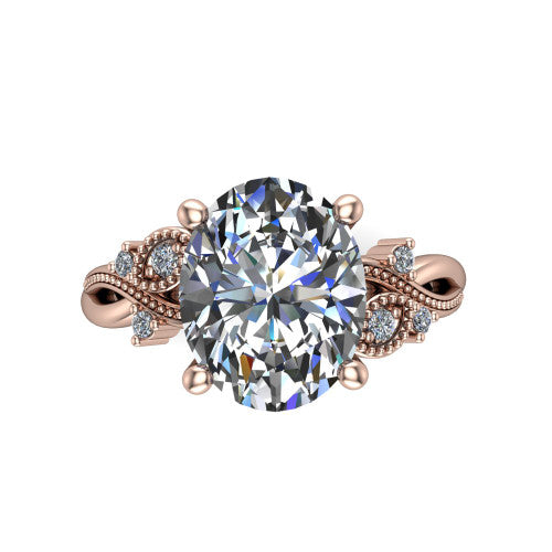 Ashley oval solitaire engagement ring in 14K Rose Gold, top-down view showing the oval center diamond and floral accents from above