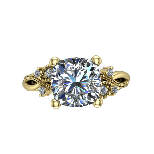 Ashley cushion solitaire engagement ring in 18K Yellow Gold, top-down view showing the cushion center diamond and floral accents from above