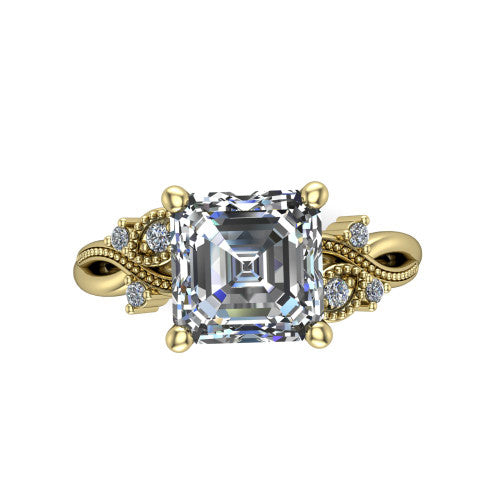Ashley square emerald-cut solitaire engagement ring in 14K Yellow Gold, top-down view showing the square emerald-cut center diamond and floral accents from above