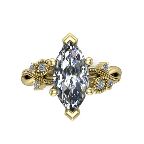 Ashley marquise solitaire engagement ring in 18K Yellow Gold, top-down view showing the marquise center diamond and floral accents from above
