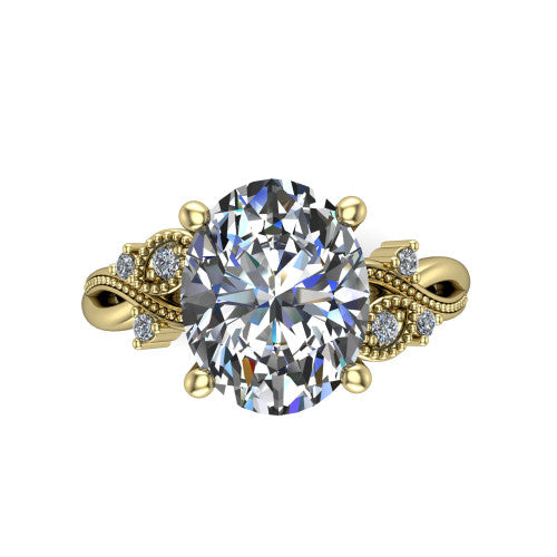 Ashley oval solitaire engagement ring in 14K Yellow Gold, top-down view showing the oval center diamond and floral accents from above