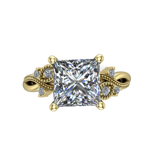 Ashley princess-cut solitaire engagement ring in 14K Yellow Gold, top-down view showing the princess-cut center diamond and floral accents from above