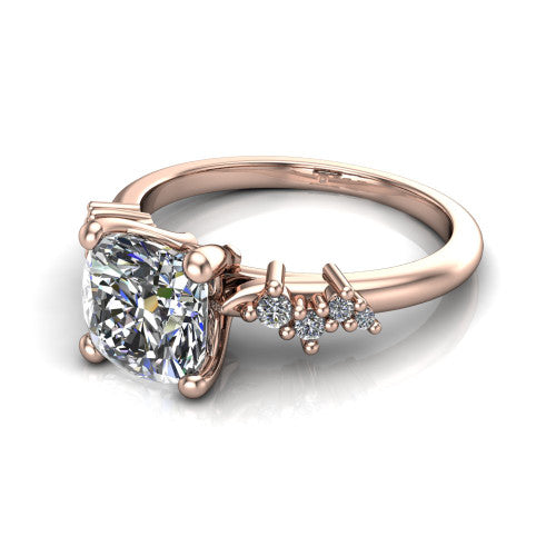 Georgia cushion classic engagement ring in 14K Rose Gold, three-quarter perspective showing the cushion center diamond and scattered cluster accents on the band
