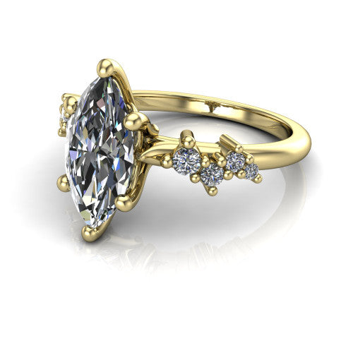 Georgia marquise classic engagement ring in 14K Yellow Gold, three-quarter perspective showing the marquise center diamond and scattered cluster accents on the band