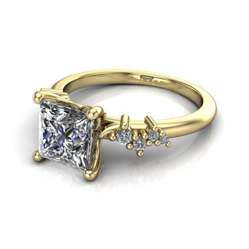Georgia princess-cut classic engagement ring in 18K Yellow Gold, three-quarter perspective showing the princess-cut center diamond and scattered cluster accents on the band