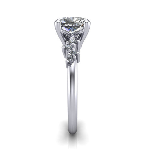 Georgia cushion classic engagement ring in Platinum, side profile showing the cluster accents, basket gallery, and slim band in side view