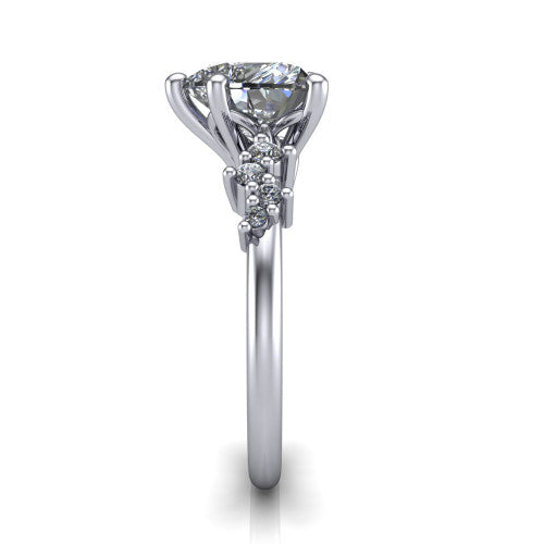 Georgia heart classic engagement ring in 14K White Gold, side profile showing the cluster accents, basket gallery, and slim band in side view