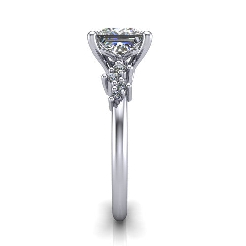 Georgia princess-cut classic engagement ring in 18K White Gold, side profile showing the cluster accents, basket gallery, and slim band in side view