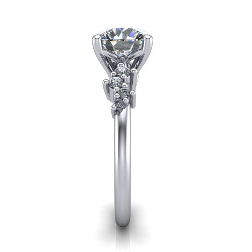 Georgia round classic engagement ring in 18K White Gold, side profile showing the cluster accents, basket gallery, and slim band in side view