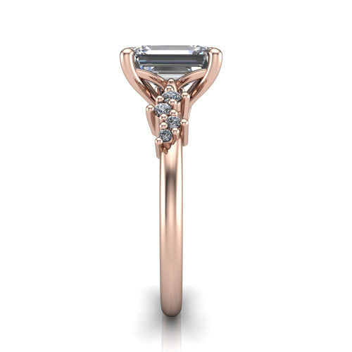 Georgia emerald-cut classic engagement ring in 18K Rose Gold, side profile showing the cluster accents, basket gallery, and slim band in side view