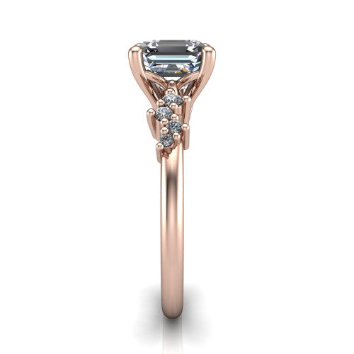 Georgia square emerald-cut classic engagement ring in 18K Rose Gold, side profile showing the cluster accents, basket gallery, and slim band in side view