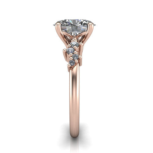 Georgia oval classic engagement ring in 14K Rose Gold, side profile showing the cluster accents, basket gallery, and slim band in side view