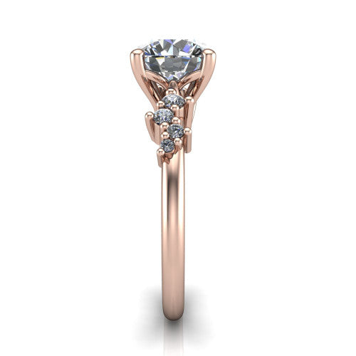 Georgia round classic engagement ring in 14K Rose Gold, side profile showing the cluster accents, basket gallery, and slim band in side view