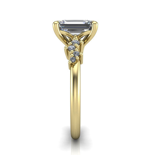 Georgia emerald-cut classic engagement ring in 18K Yellow Gold, side profile showing the cluster accents, basket gallery, and slim band in side view