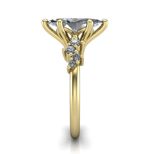 Georgia marquise classic engagement ring in 14K Yellow Gold, side profile showing the cluster accents, basket gallery, and slim band in side view
